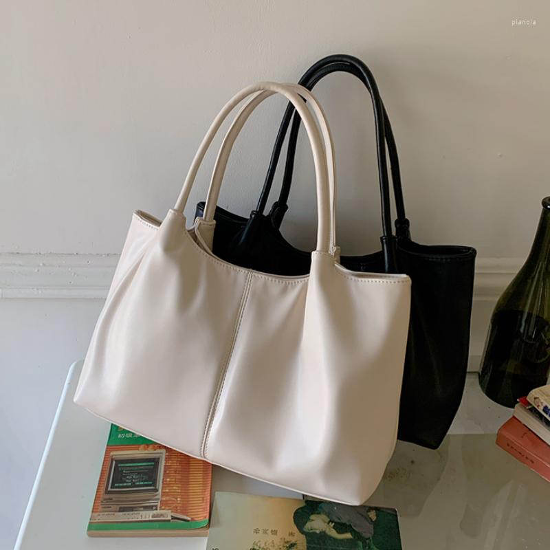 

Evening Bags Solid Color Women Shoulder Large Capacity Commute Ladies Top Handle Bag Simple Soft PU Leather Female Casual Tote Handbags, Beige