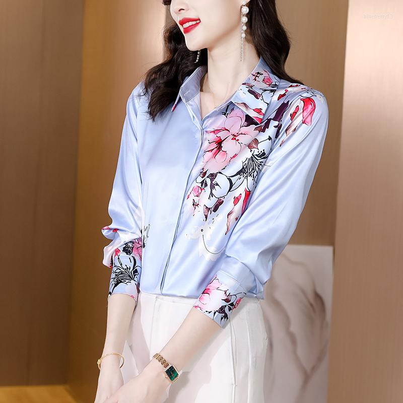 

Women's Blouses Elegant Button Long Sleeve Shirt Loose Women Clothing Fashion Turn Down Collar Silk Floral Blouse Korean Style Tops Blusas, Blue