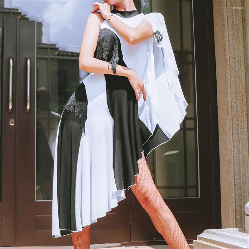 

Stage Wear Latin Dance Mesh Sleeveless Dresses Female Adult Irregular Ballroom Dress Tango Modern Rumba Performance Dancewear, Black white