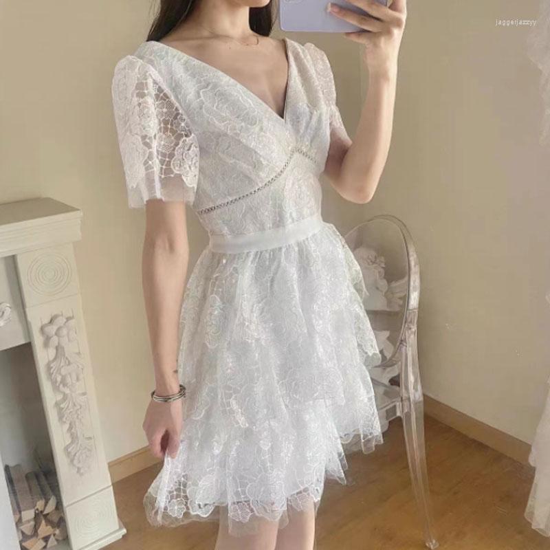 

Casual Dresses Women Mini Dress V-neck Short Sleeve High Waist Lady, White