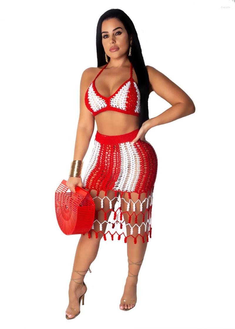 

Work Dresses JRRY Sexy Tassel Women Knitted Skirt Set Spaghetti Strap Knit Suit Crocheted Beach Wear Two Pieces Crochet, Yellow