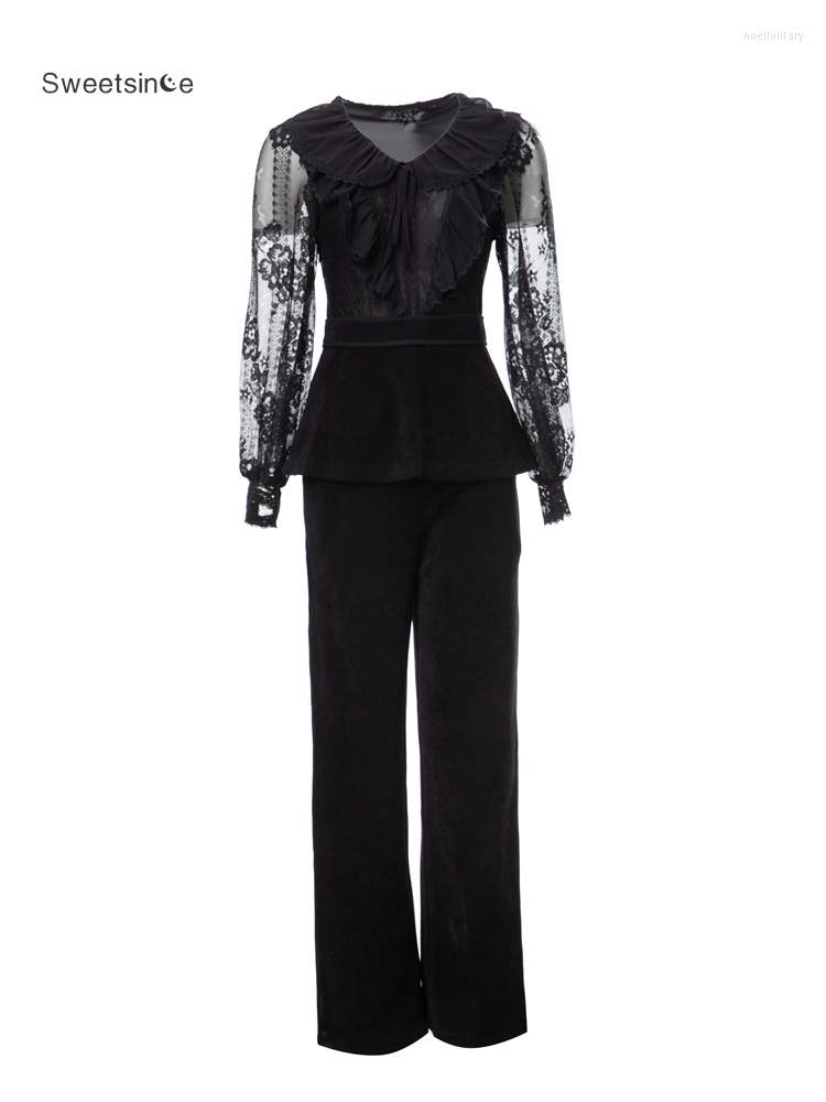 

Women' Two Piece Pants Sweetsince 2023 Designer Spring Summer French Black Embroidery Perspective Long Sleeve Top Casual Elegant Women Set