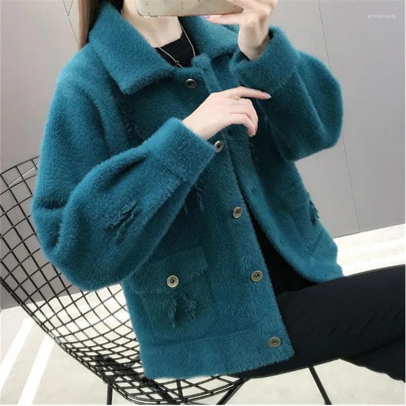 

Women's Knits Imitation Mink Short Coat Sweater Cardigan 2023 Spring Autumn Long Sleeve Tops Loose Sweaters Female Outerwear, Pink