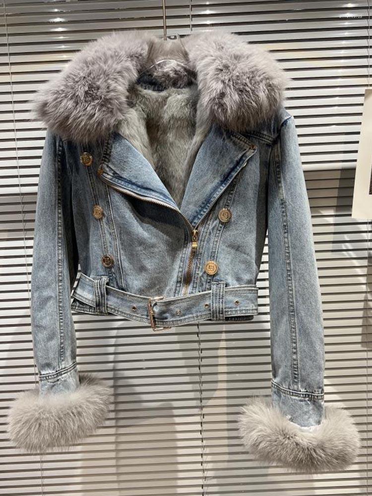 

Women' Jackets HIGH STREET Est 2023 Winter Designer Jacket Women' Wool Liner Fur Collar Double Breasted Zip Denim Short, Blue