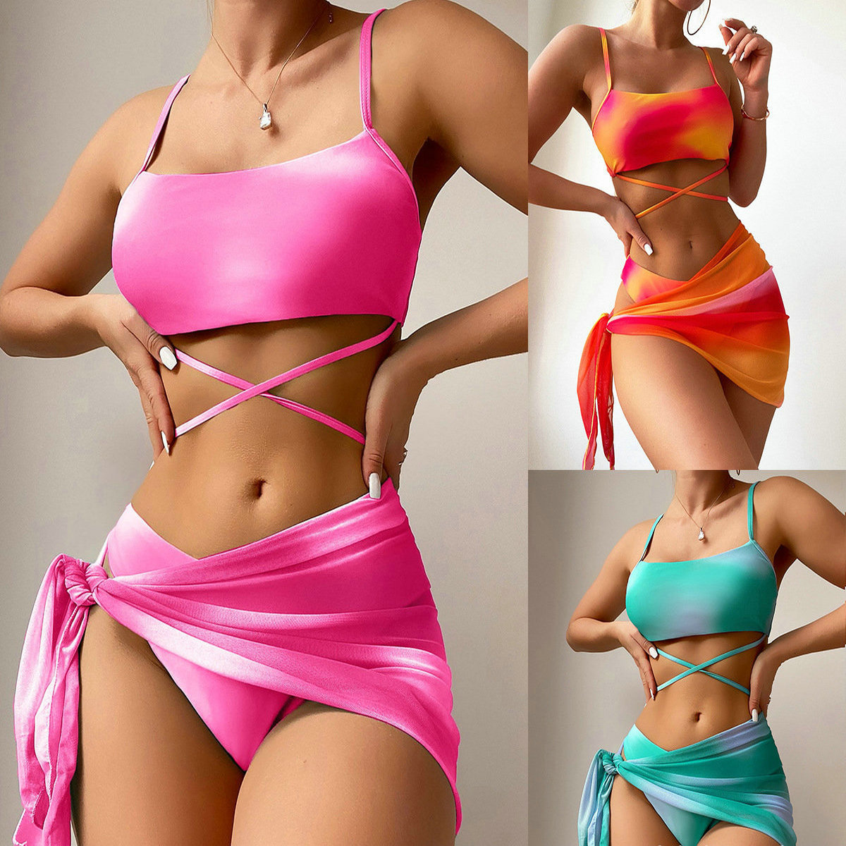 

Women's Swimwear Swimsuit Bikini 2023 Threepiece Tiedyed Laceup Sexy Suit Ins Bathing YB11 230512, Rose red