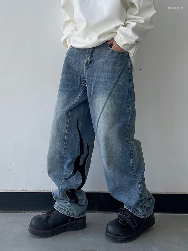 

Men's Jeans Embroidered Baggy For Men Y2k Vintage Trendy Wide Leg Denim Trousers Casual Fashion Pants Wearable In Four Seasons, Blue
