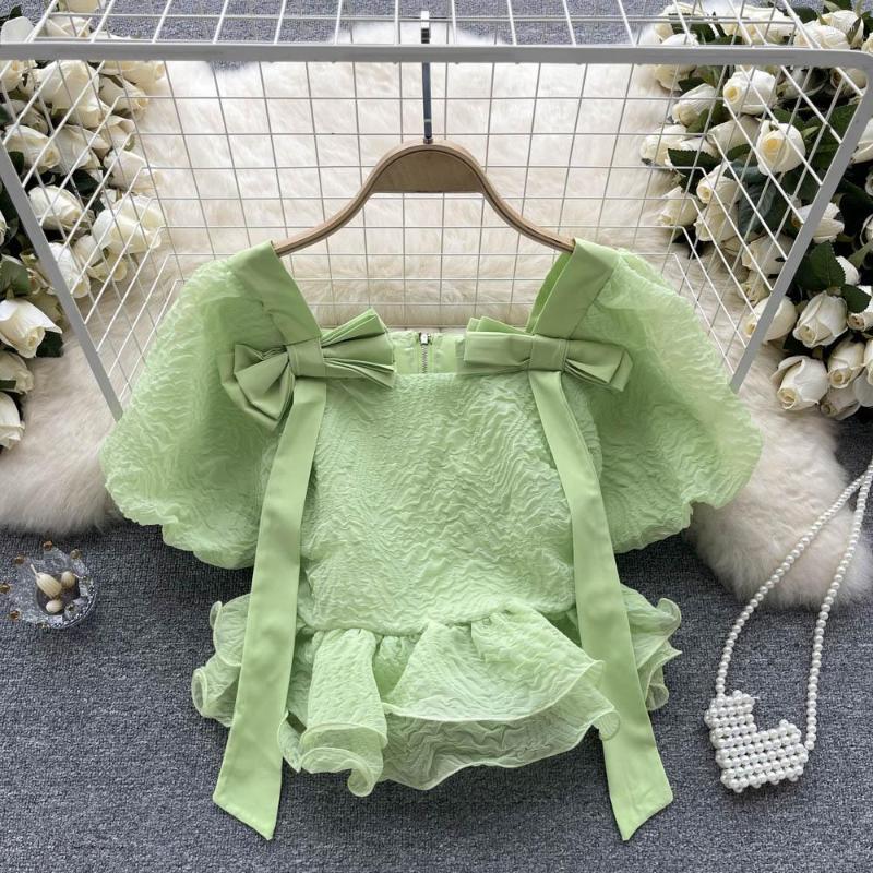 

Women's Blouses Summer French Bubble Sleeve Shirt Bow Square Neck Wrapped Waist Style Short Top, Green