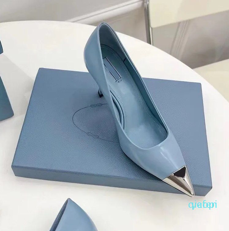 

Iron head dress Shoes for women 100% Calfskin Lady pumps designer 7.5CM high heeled womens shoe, Sky blue