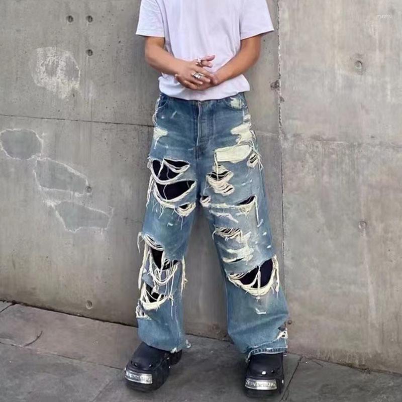 

Men' Jeans Y2k Men' Destroyed Vibe Style Pants Fashion Street Ripped Oversize Hip Hop Denim Trousers Loose Fit Distressed Bottoms, Blue 02