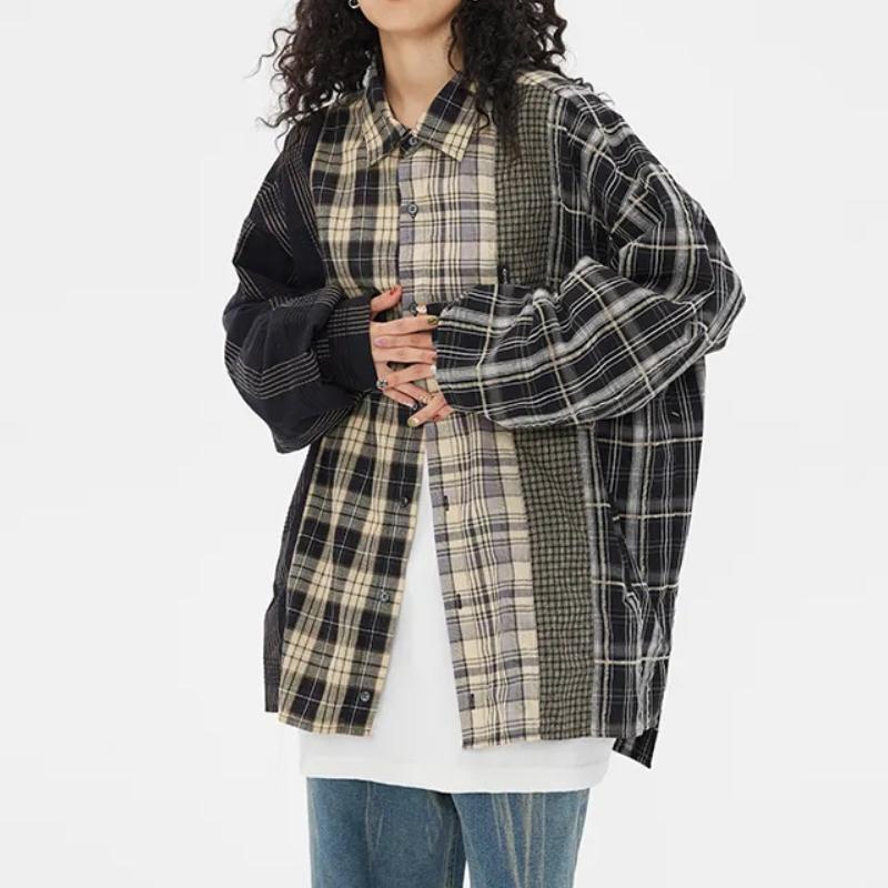 

Shirts HOUZHOU Vintage Patchwork Plaid Shirt Women Cardigan Top Grunge Korean Style Long Sleeve Loose Button Up Shirt Casual Streetwear, Beige