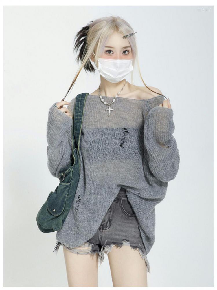 

Women' Sweaters Seeslim Grey Hollow Out Sweater Women Clothes Long Sleeve Korean Fashion Pullover Knitted Ladies Jumper Chic Oversize 2023, As photo