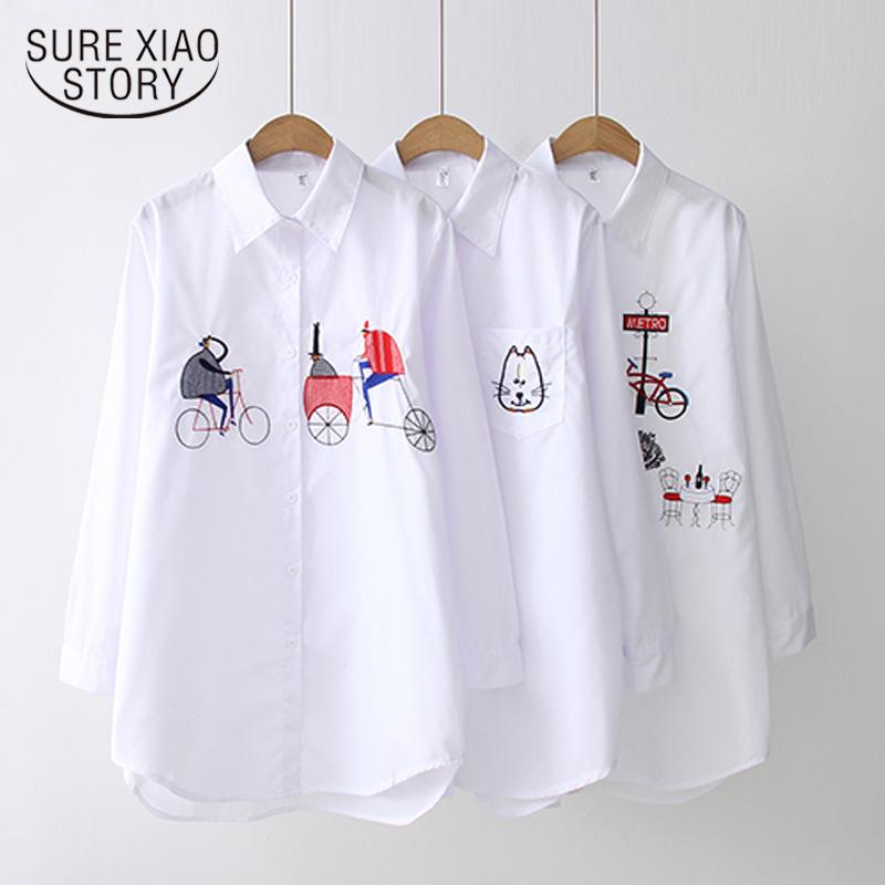 

Shirts 2023 New White Shirt Casual Button Up Turn Down Collar Female Blouse Long Sleeve Cotton Blouse Embroidery Blouse Lady 5083 50, White-iron tower