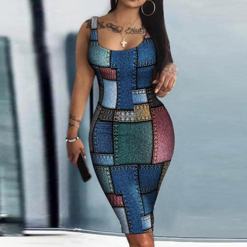 

Casual Dresses Scoop Neck Bodycon Dress For Women Sexy Party Club Night Stretch Sleeveless Midi Pencil Floral Plaid Print, Black