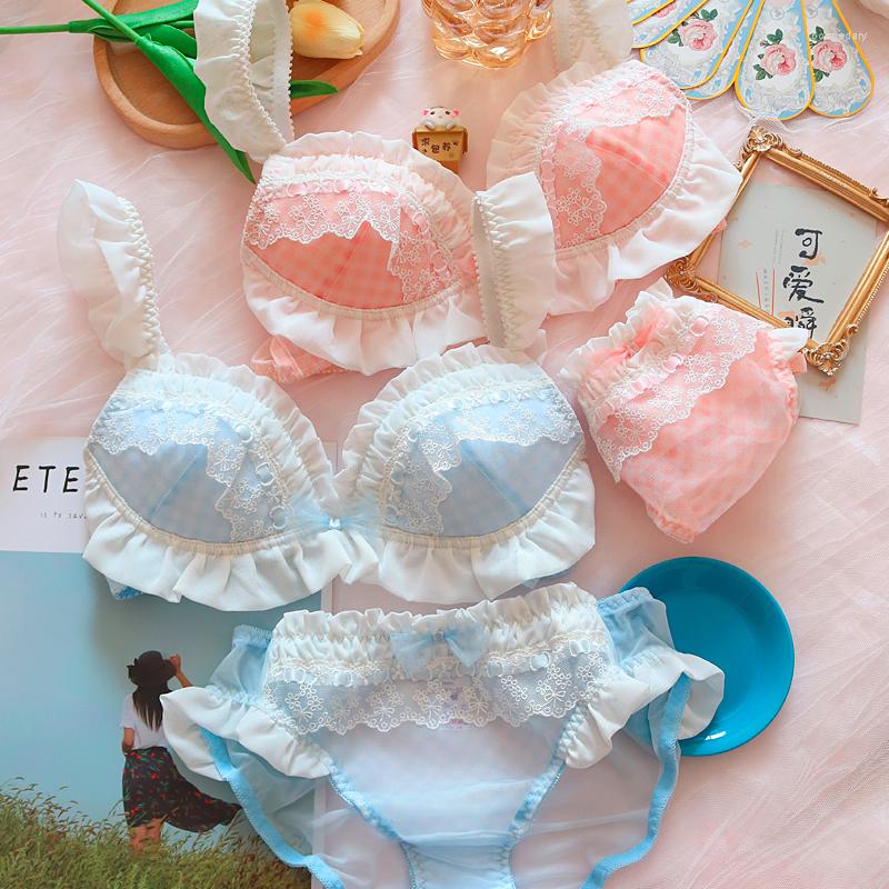 

Bras Sets Japanese Plaid Underwear Lingerie Set Female Gauze Lace Underwire Bra And Panty Sweet Thin Push Up Bralette, Green