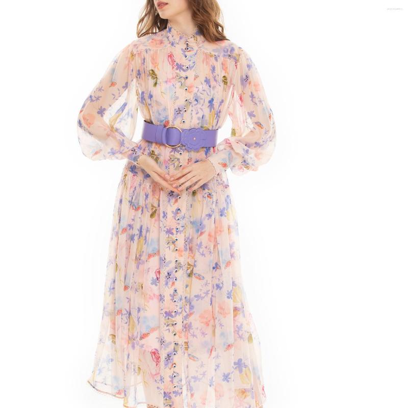 

Casual Dresses Women Silk Dress With Belt 2023 Spring Lantern Sleeve Single Breasted Butterfly Flower Print Elegant Lady Long, Lavender