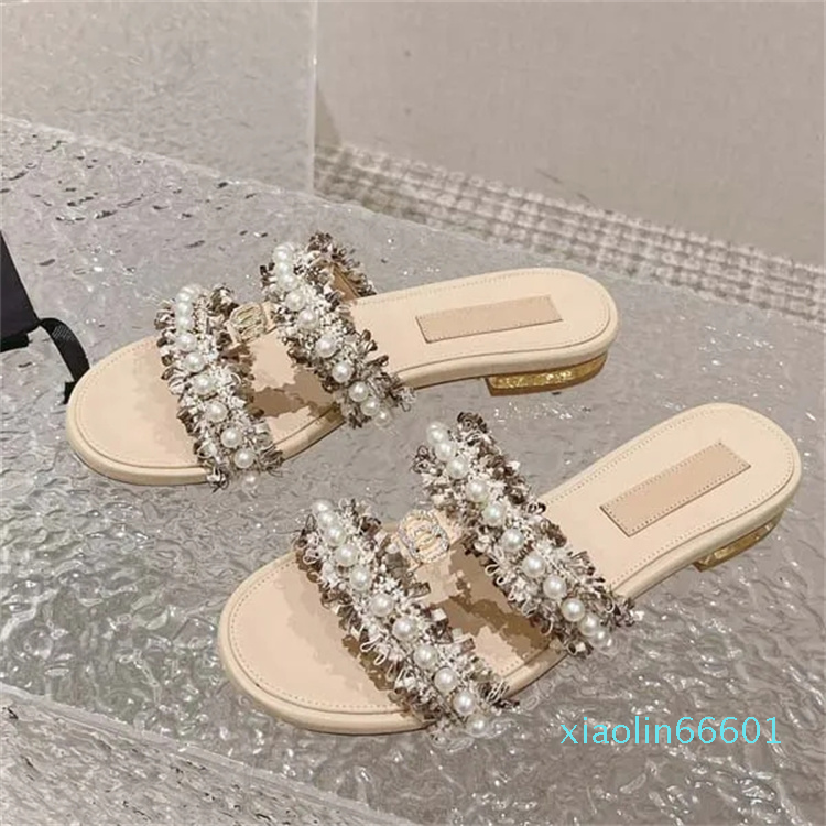 

Designer Women Sandals Womens Slides style Calf leather Fashion Platform Pearl buckle Casual Shoes Summer Beach Slipper 35-41, Black
