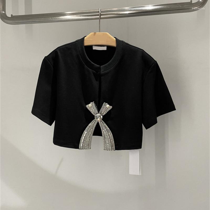 

Women' T Shirts 2023 Summer Diamond Sequin Bow Short-sleeved T-shirt, Black