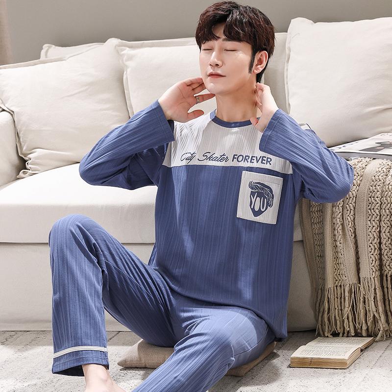 

Men's Sleepwear Autumn Winter Pajamas Mans Cotton Plus Size Long Sleeve Pullover Homewear Leisure Men O-Neck Blue Patchwork Letters, 21612