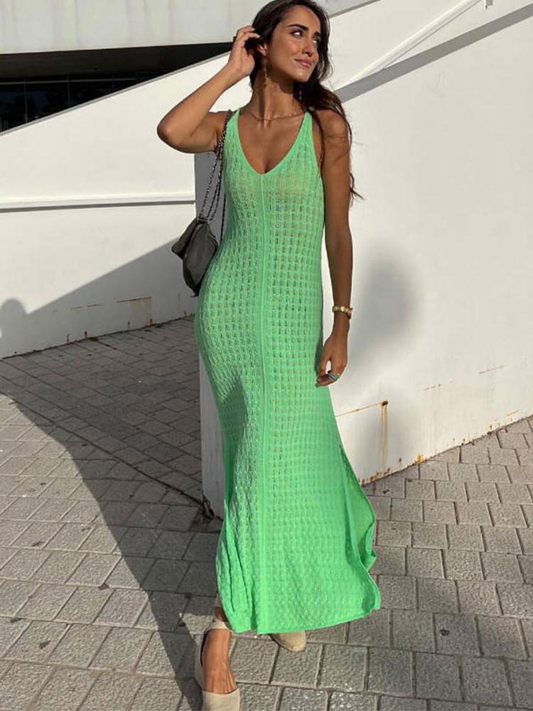 

Swimwear Beachwear Cover Up Backless Vneck Woman Swimsuit Hollow Out Laceup Slit Knitted Maxi Dress Pareo Summer Bikini Coverups A1707, Green