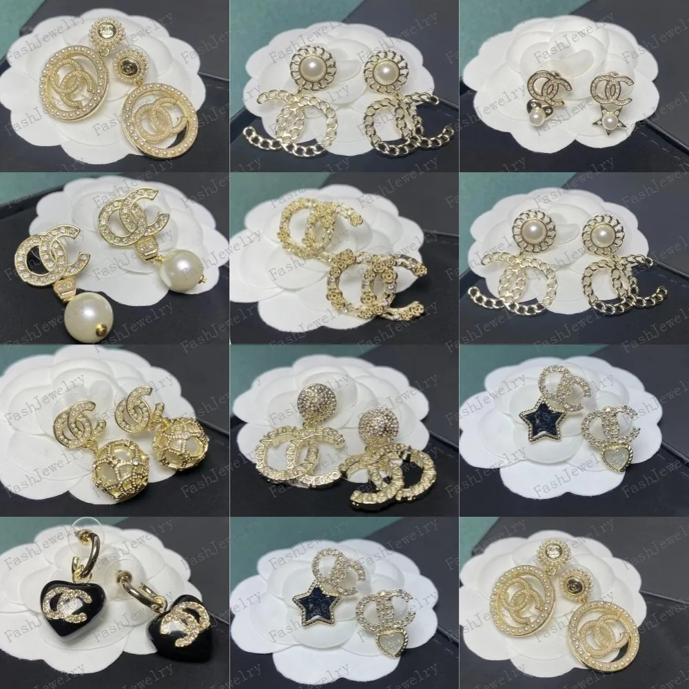 

Designers Brand 18K Gold pearl drop Double Letters Stud Clip Chain Geometric Famous Women 925 Silver Crystal Rhinestone Earring Wedding Party Jewerlry