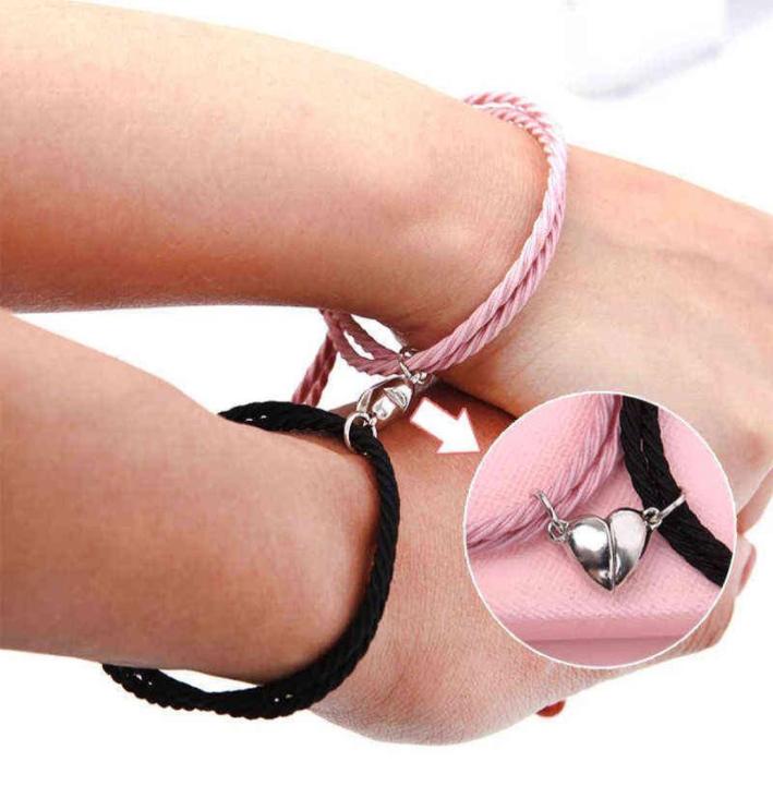 

2pcs Stainless Steel Couple Bracelets Braid Rope Heart Pendant Charm Magnetic Bracelet for Women Men3245186