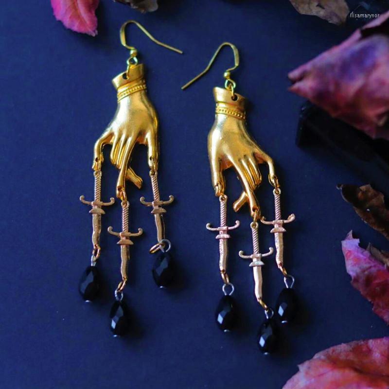

Dangle Earrings Golden Swords Hand Black Crystal Gothic Swordsman Women's Charming Aesthetic Jewelry