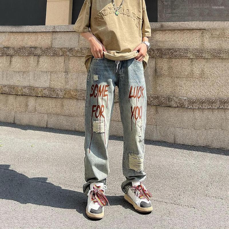 

Men' Jeans Men' Clothing Korean Fashion Men Letter Print Retro Hip Hop High Street Style Y2k Streetwear Luxury Casual, Blue
