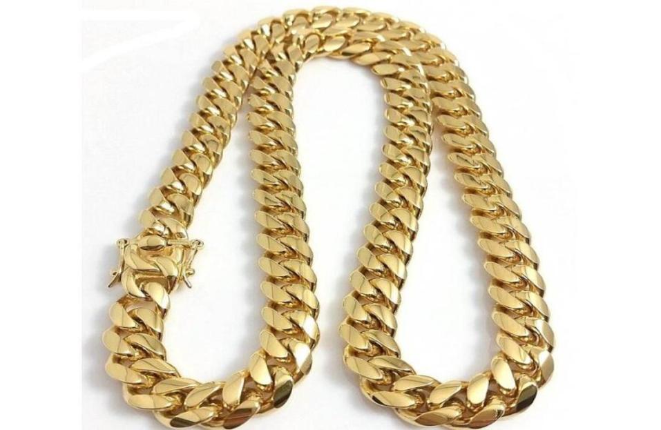 

fine 18K Gold Plated chain jewelry Stainless Steel High Polished Miami Cuban Link Necklace Men Punk 15mm Curb Double Safety Clasp 1036449
