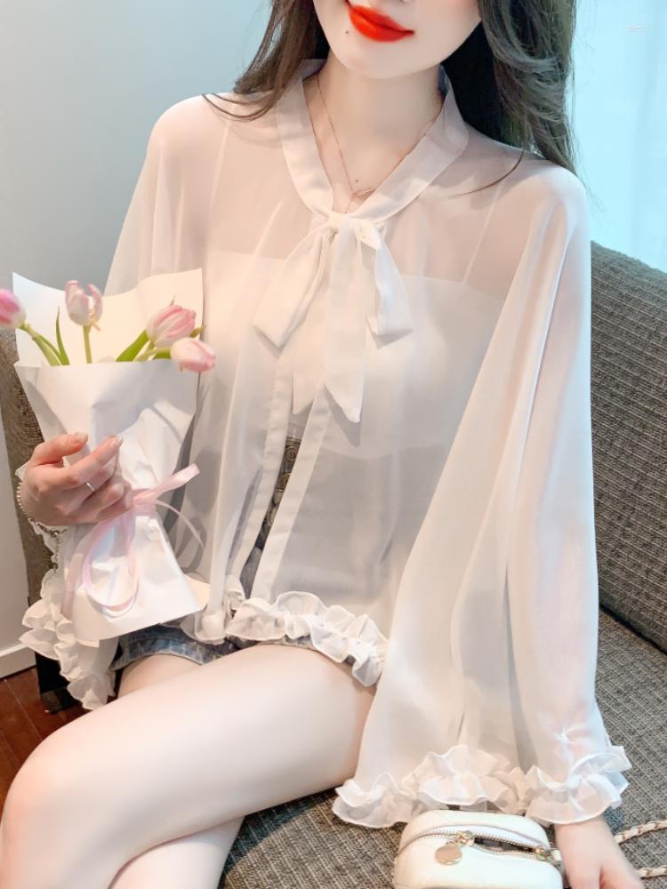 

Women's Blouses Korejepo Chiffon Cardigan Women's Summer Bow Tie Shawl Cover Up Long Sleeved Sun Protection Appointment Stunning White