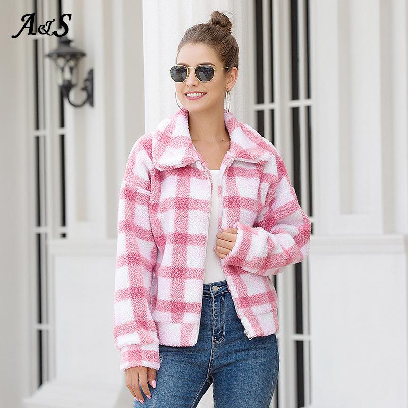 

Women' Fur & Faux Anbenser 2023 Plaid Teddy Coat Women Short Jacket Autumn Winter Vintage Overcoat Oversize Female Fashion Zipper Outwear, Pink