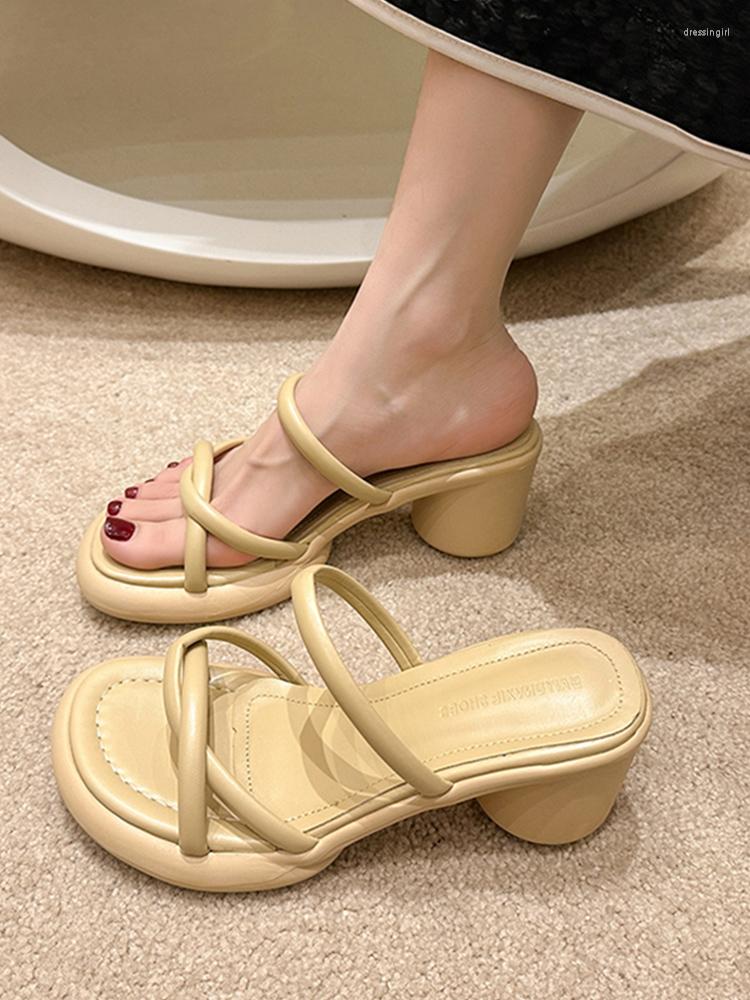 

Slippers Shoes Med Woman's Heeled Mules Platform Square Heel Slides Fashion 2023 High Block Soft Luxury PU Pumps Rubber Retro