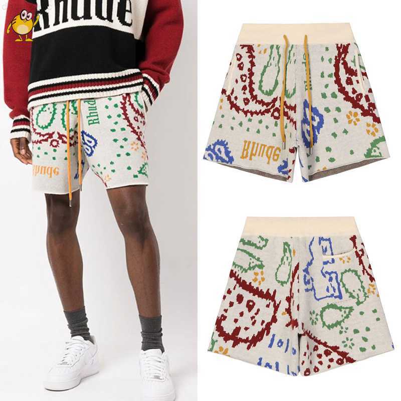 

Men' T-shirts High Quality Rhude Shorts Men Woman Cashew Flower Jacquard Knitted Drawstring Streetwear 1 1 Hip Hop Fashion Casual Breeches, Clear