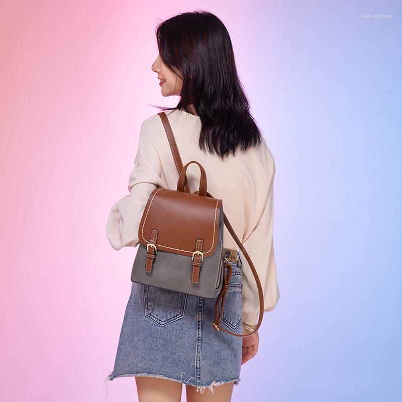 

School Bags Vintage Panelled Women Backpack Design Ladies Shoulder Bag Leather Travel Girls Daypack Bolsas, Brown