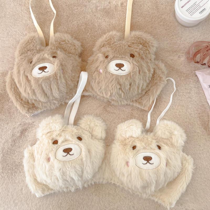 

Bras Sets Underwear Girl Winter Cute Cartoon Plush Bear Bra Set Without Steel Ring Student Small Chest Gather Lingerie With Udnerpants, As picture show