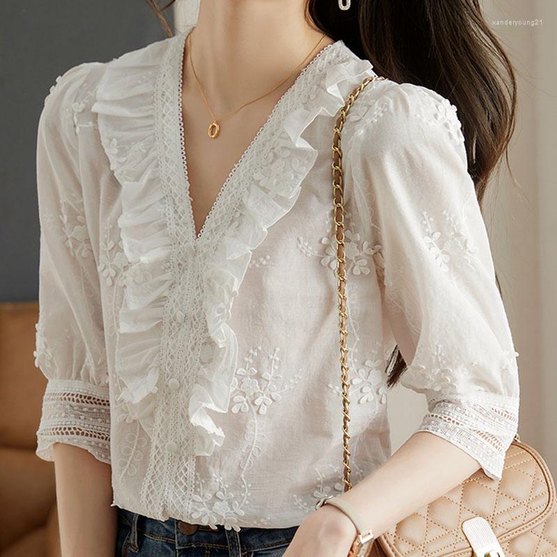

Women' Blouses White Lace Blouse Women Tops Summer Puff Sleeve Half Shirt Sweet Edible Tree Clothes Elegant Casual Shirts 25366