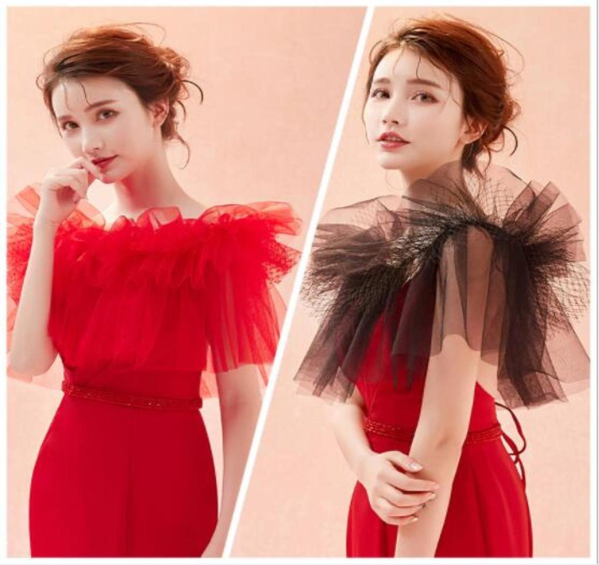 

Spring and Summer New Dinner Party Bride Toast Dress Shoulder Ornament Lace Shawl Yarn Word Shoulder Cover Wrist Thin Wedding Wrap3412797, Red