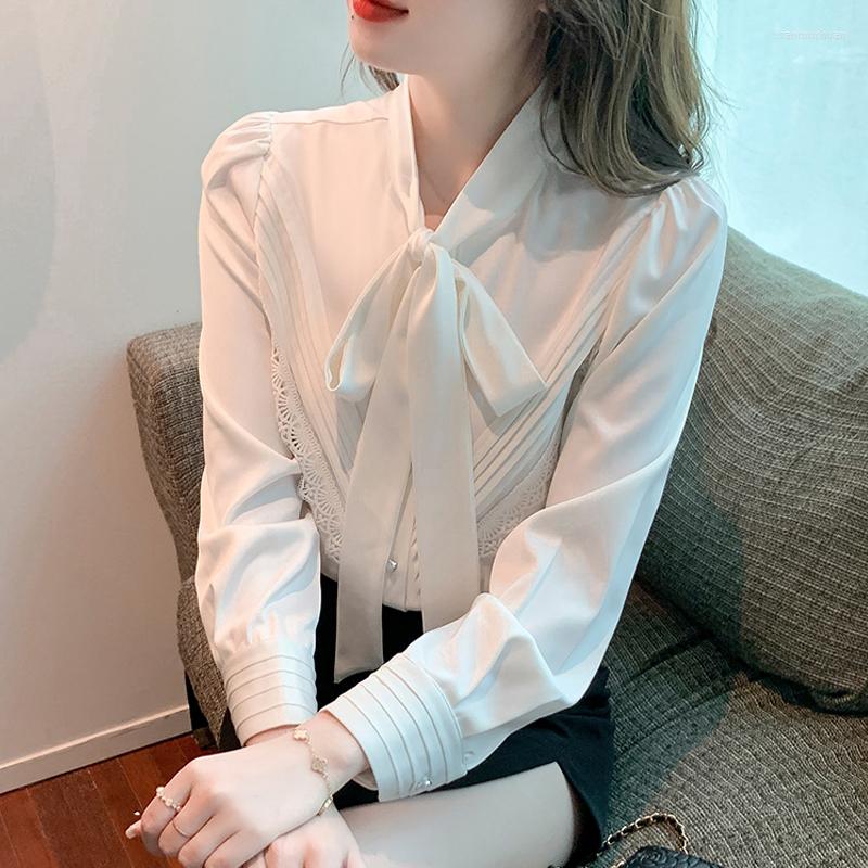

Women' Blouses Fashion V Neck Women Blouse With Bow Buttons Office Lady Tops Elegant White Shirt Long Sleeve Female Clothing 24695