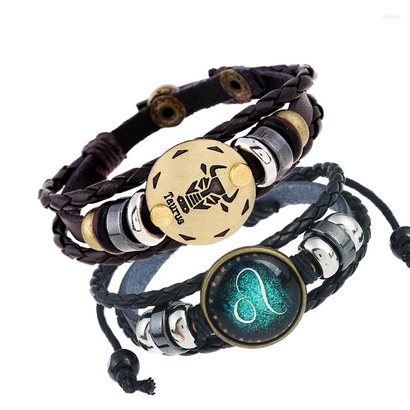 

Charm Bracelets 12 Constellations Hand Woven Leather Bracelet Men Women Wrist Jewelry Gift Adjustable Length Students Retro Cowhide
