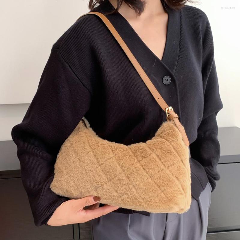 

Evening Bags Fashion Women Shoulder Tote Bag Rhombus Plush Armpit Handle Soft Fluffy Elegant Ladies For Travel Shopping, Black