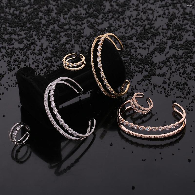 

Necklace Earrings Set Fashion Bangle Bracelet Ring For Women Double-layer Waterdrop Shape White Stone Zircon Party Wedding Jewelry, Picture shown