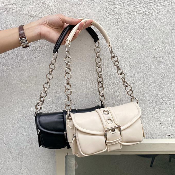 

Evening Bags Vintage Ring Chain Armpit Bag For Women Shoulder Pu Leather Rivet Designer Messenger Ladies Handbag Black