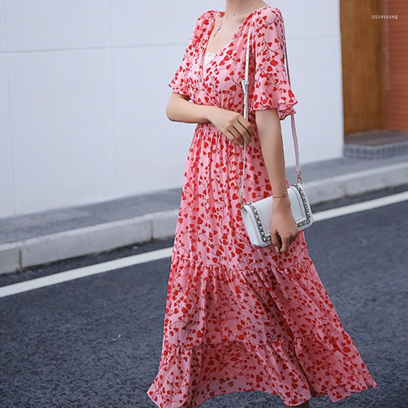 

Party Dresses 2023 Brand Women Dress V-neck Short Sleeve High Waist Floral Printing Summer Boho Casual Long Vestidos, Green