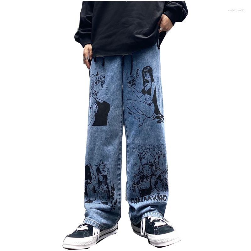 

Men's Jeans 2023 Japan Cartoon Anime Girl Graffiti Harajuku Men Baggy Trousers Y2K Straight Women Wide Vintage Denim Pants, Blue