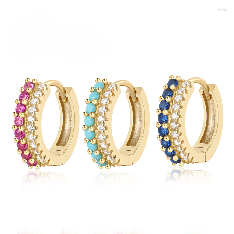 

Hoop Earrings 925 Sterling Silver Double Row Colorful Zircon Earring For Women Minimalist Ins Round Circle Jewerly Gift