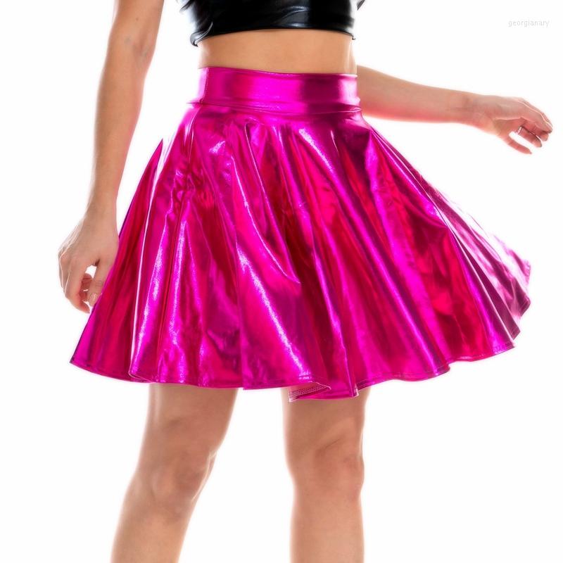 

Skirts Solid Color Laser High Waist Mini Skirt Club Party Dance Holographic Harajuku Classic Sexy Women Shiny Pleated, Red