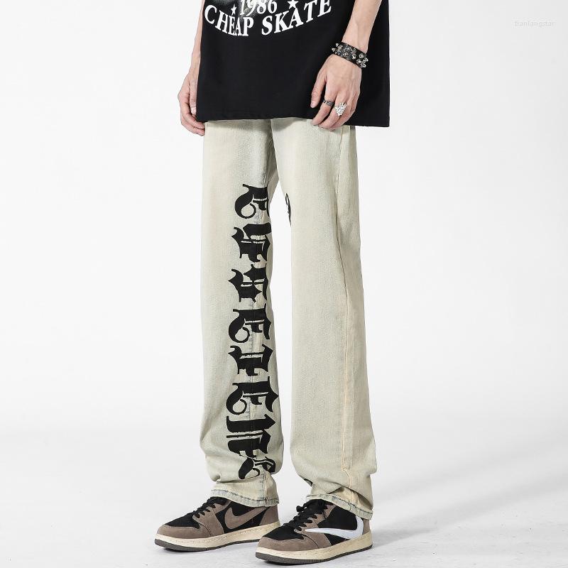 

Men's Jeans Men's Fashion High Street Hip Hop Pants Letter Printed Loose Fit Y2K Vintage Denim Trousers Baggy Retro Washed Bottoms