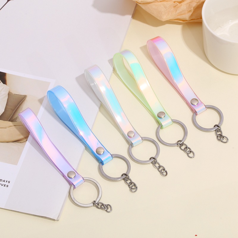 

Creative Colorful Laser Leather Rope Keychain PVC Color-changing Couple Bag Car Keychain Jewelry Gift In Bulk