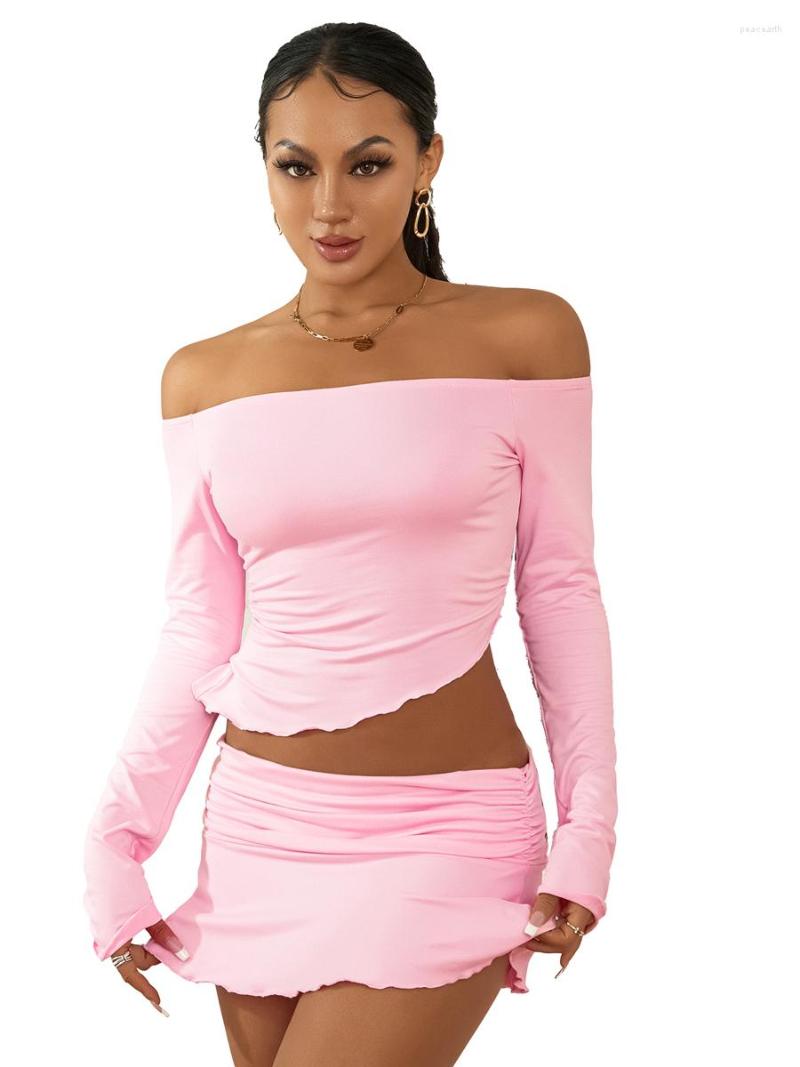 

Skirts Women' Summer 2PCS Outfit Sets Long Sleeve Off Shoulder Tops Pink Mini Skinny Skirt For Party