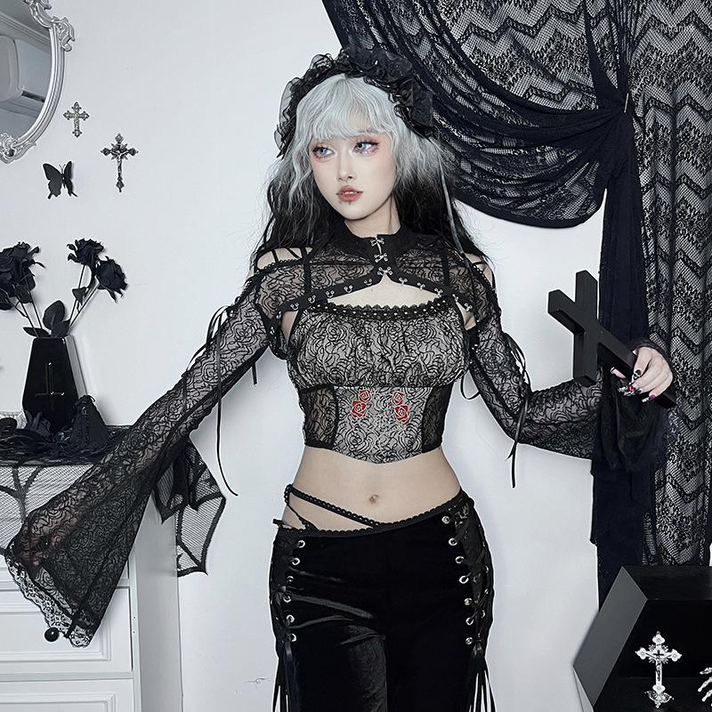 

Women' Blouses Goth Fahsion Women Blouse Long Flare Sleeve Hollow Out Patchwork Mesh Lace Gothic Style Ladies For Spring 2023, Black