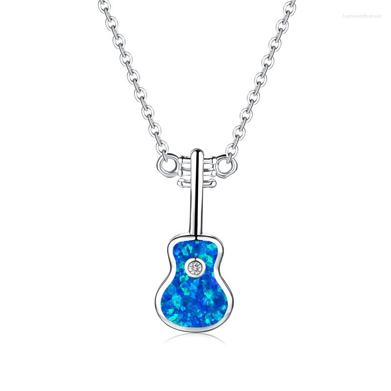 

Pendant Necklaces Cute Female Music Guitar Necklace White Blue Opal Stone Rose Gold Silver Color Chain For Women Trendy